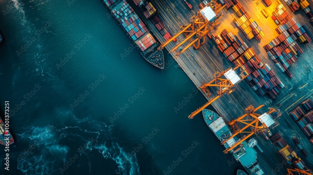 Wall mural Aerial view of a bustling port with cargo ships and cranes illuminated, showcasing vibrant colors and busy maritime activity.