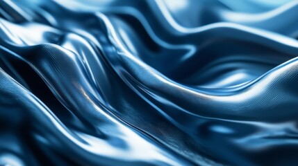 A close-up of shimmering blue fabric, showcasing soft, flowing folds and a smooth texture, creating an elegant and luxurious appearance.
