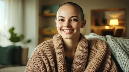 A young woman, bald from chemotherapy, sitting in a cozy living room, wrapped in a warm blanket