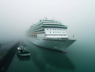 Cruise ship docked in the early morning mist, with fishermen s boats floating nearby, morning mist, tranquil scene