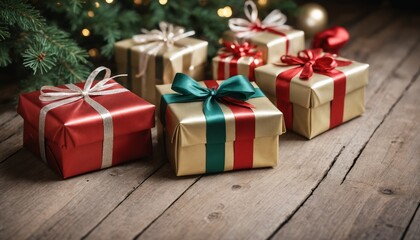 Obraz premium Enchanting holiday gifts wrapped in gold and red ribbon rest beneath a festive evergreen tree adorned with soft twinkling lights