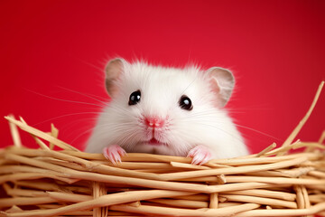 A curious white hamster peeking out from a straw nest against a vibrant red backdrop