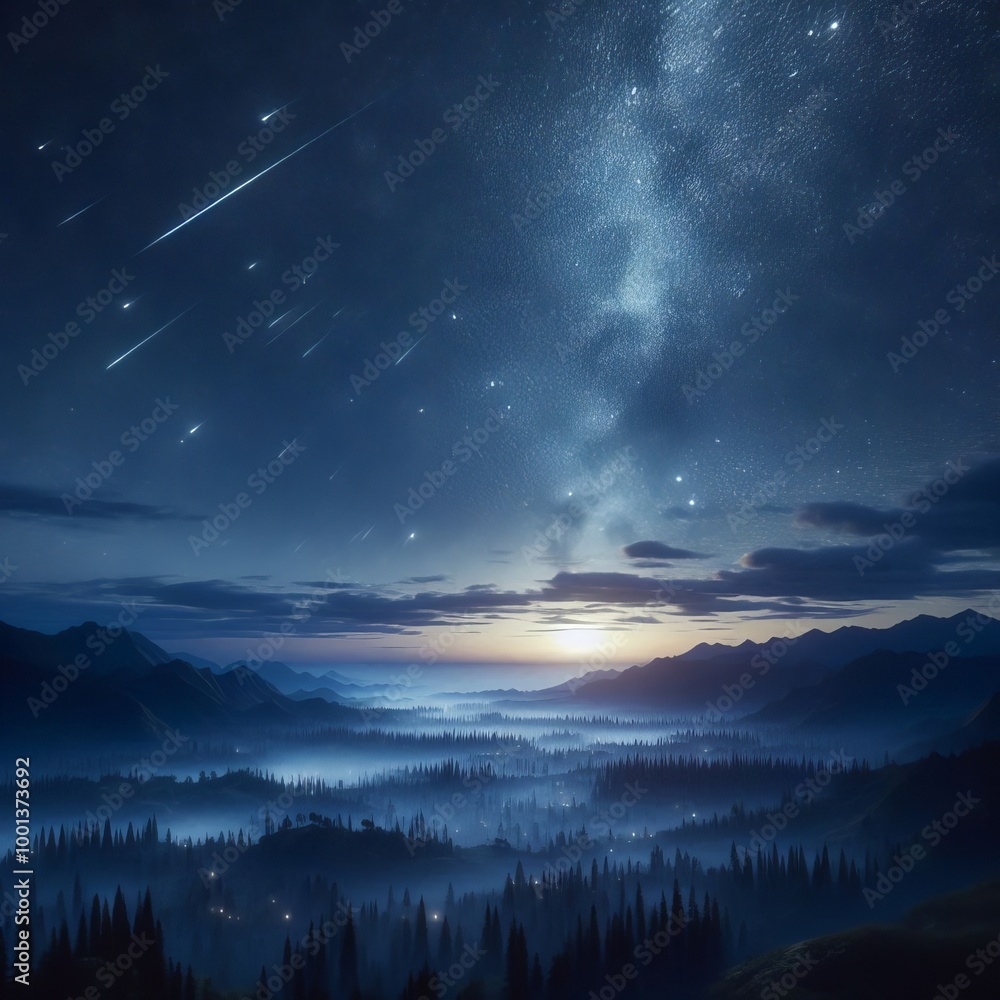 Poster a breathtaking view of a star-filled night sky with meteor showers above a mist-covered mountain ran