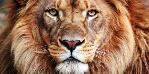 Fototapeta premium A close-up of a lion's face showcases intense eyes and a majestic mane. The regal expression on the lion highlights its strength and presence.AI generated.