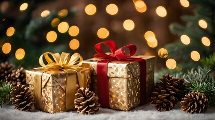 Christmas and new year background - gift boxes and pine cones and branches.