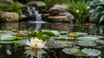 A tranquil garden scene with a solitary lotus flower floating on a pond, the water perfectly still, representing the quiet beauty of nature.