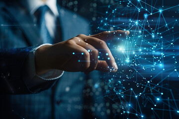Hand interacting with digital data streams in a futuristic virtual interface, representing human-tech collaboration and technological progress