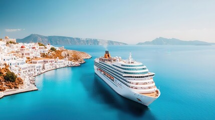 Cruise ship docked at a vibrant Greek island, with whitewashed buildings and azure seas, Greek island dock, Mediterranean charm