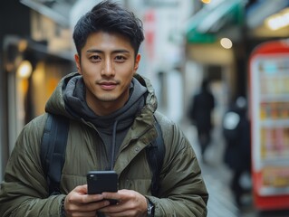 Happy handsome Man Use Smart Phone on the street