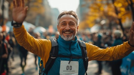 Happy Marathon Runner Crossing Finish Line