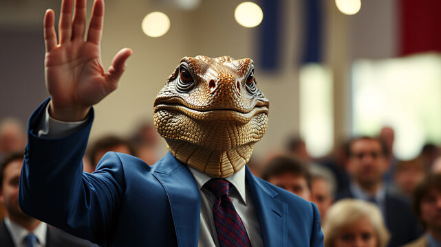 The face of a leader with a reptile face. The leader in a blue suit is standing waving to the crowd, the background is blurred,