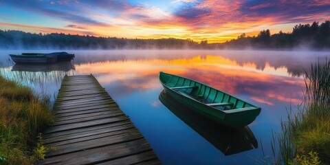 A beautiful lake with a small wooden dock and rowboat, reflecting the colorful sky at sunrise. The boat is green in color, placed near an old wooden walkway leading into the calm waters. 