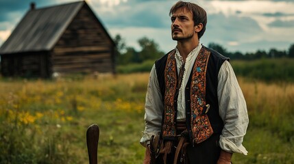 A man in a traditional Polish folk costume, standing in a field with a backdrop of a wooden farmhouse.