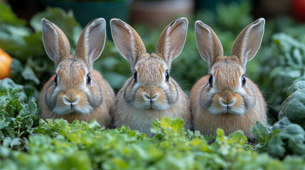 Obraz premium Three adorable brown rabbits sitting among green leafy vegetables