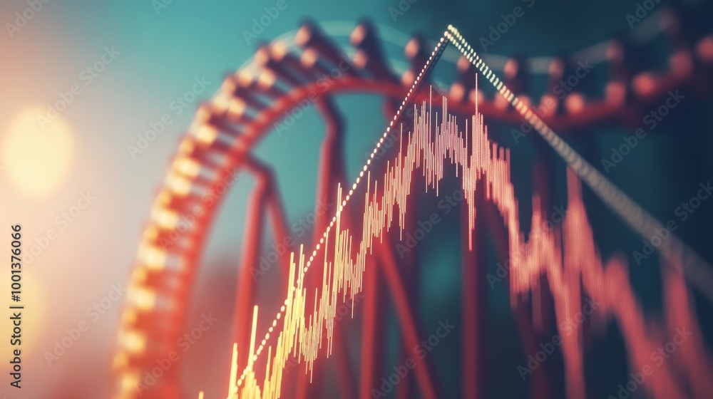 Poster a vibrant visual representation of fluctuating data, suggesting trends in finance or technology with