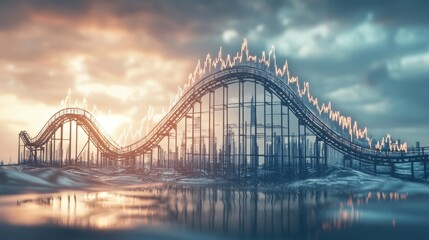 Obraz premium A stunning roller coaster silhouette against a dramatic sunset, showcasing its thrilling peaks and dips with vibrant lighting along the track.