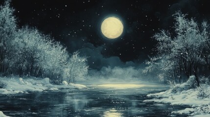 Traditional Chinese watercolor of snowy winter landscape with trees and river