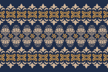 Ikat seamless pattern. Border with flora. Openwork lace.Vector tie dye shibori print with stripes and chevron. Ink textured japanese background. Bohemian fashion. design for texture, fabric, clothing