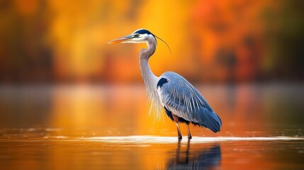 Naklejka premium A heron stands gracefully in calm waters, surrounded by vibrant autumn foliage.