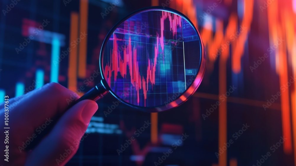 Poster a hand holds a magnifying glass over a digital graph, displaying colorful analytics data against a v