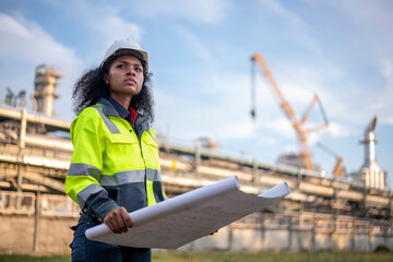 Engineers wear safety gear examining survey hold blueprint extensive setup of industrial piping and structures a complex engineering or energy production site safety environment gas or oil refinery.