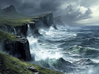 Obraz premium Dramatic seascape with steep cliffs and crashing waves.