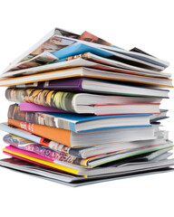 A stack of books with a magazine on top. on transparent background png
