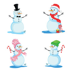 Snowman in a black top hat and glasses, in a Santa hat, in a pink hat with a pom-pom. Set of vector illustrations of funny snowmen in cartoon style on a white background.