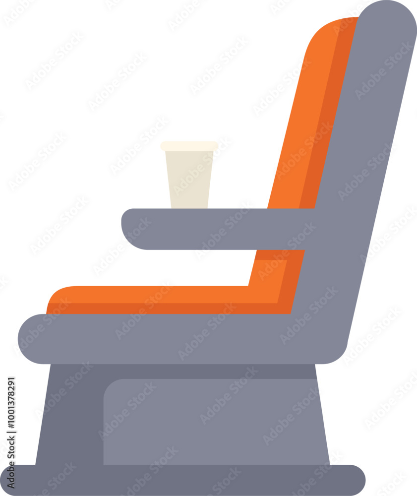 Poster empty airplane seat with tray table down and cup in holder waiting for passenger to board and get re