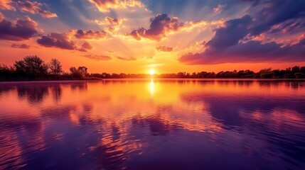 Fototapeta premium Dramatic sunset over a calm lake with a reflection of the sky and clouds in the water.