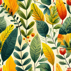 seamless floral pattern, all sides with colorful leaves and flowers design illustration drawing in white background