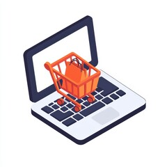 Isometric flat design icon of a laptop with shopping cart, online store concept