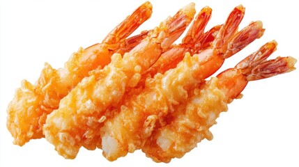 Crispy shrimp tempura, golden brown, white background. Crispy fried theme.