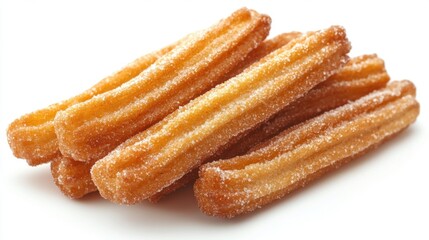 Delicious churros, golden brown, on a white background. Crispy fried theme.