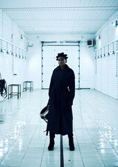 black girl in black clothes, fashion shooting.