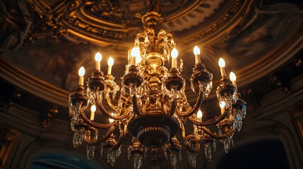 Obraz premium Elegant Gold Chandelier with Crystal Drops in a Historical Setting