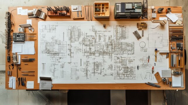 An aerial view of a high-tech office filled with electrical engineering plans and CAD drawings spread across a large table, with blueprints, rulers, and drafting tools neatly arranged alongside them