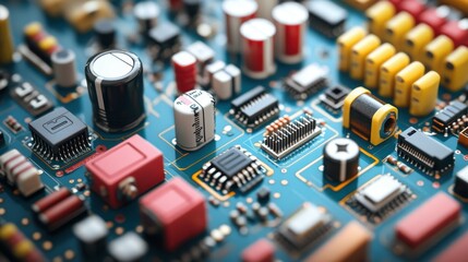 An in-depth view of various electronic components, such as resistors and capacitors, annotated on a CAD schematic, emphasizing their connections and functionalities within a circuit