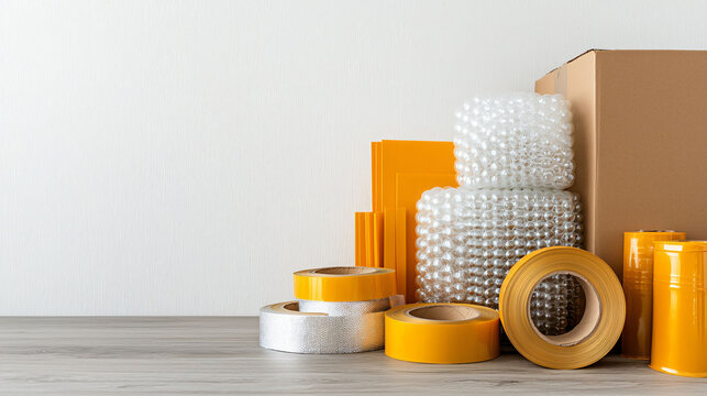 collection of moving supplies including bubble wrap, packing tape, and cardboard boxes, perfect for organizing and protecting items during relocation