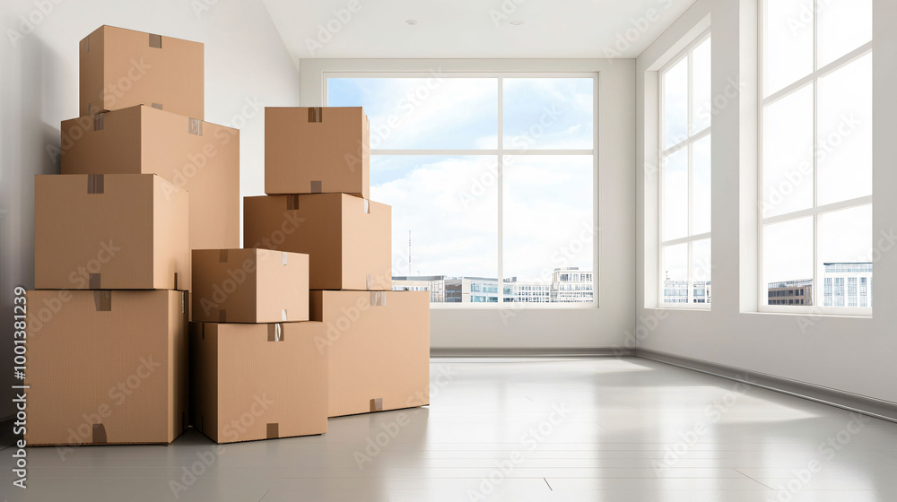 Aufkleber empty corporate office with bright windows and stacked cardboard boxes, creating sense of transition