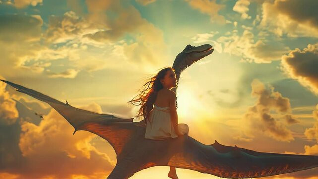A young girl experiences an exhilarating flight atop a majestic pterodactyl as she soars through a breathtaking sunset. The sky is alive with color.