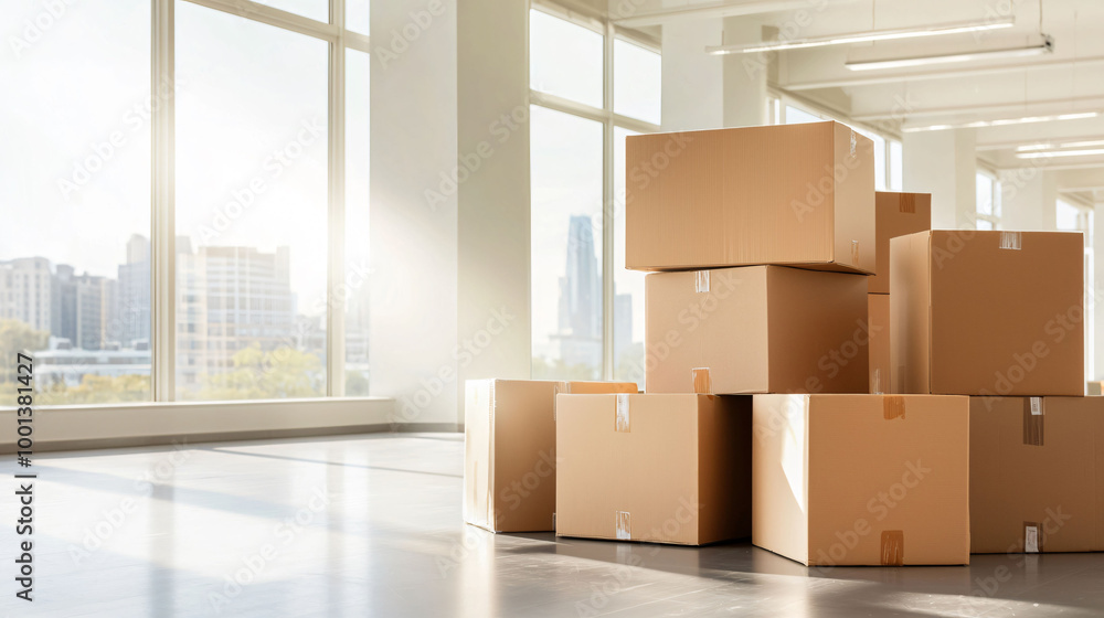 Poster modern office space filled with natural light features scattered moving boxes, creating sense of tra