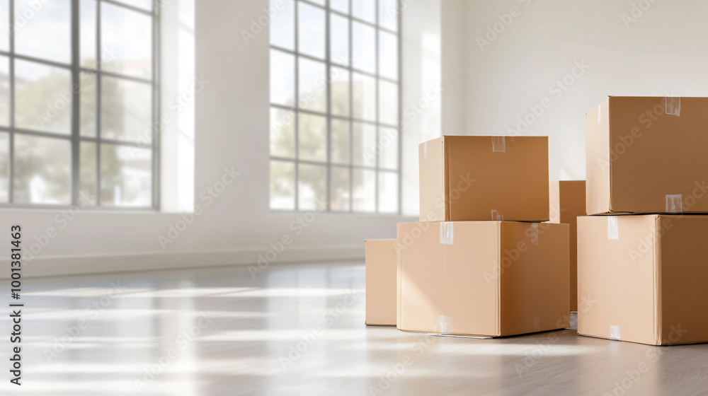 Poster empty modern office with scattered moving boxes, creating sense of transition and change in bright, 