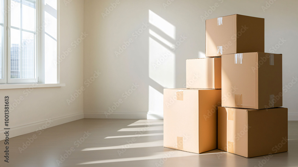 Poster Neatly stacked moving boxes in empty office corner create sense of anticipation and organization. sunlight streaming through window adds warmth to space