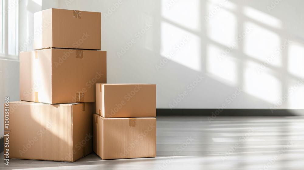 Poster neatly stacked moving boxes in empty office corner create sense of anticipation and organization. so