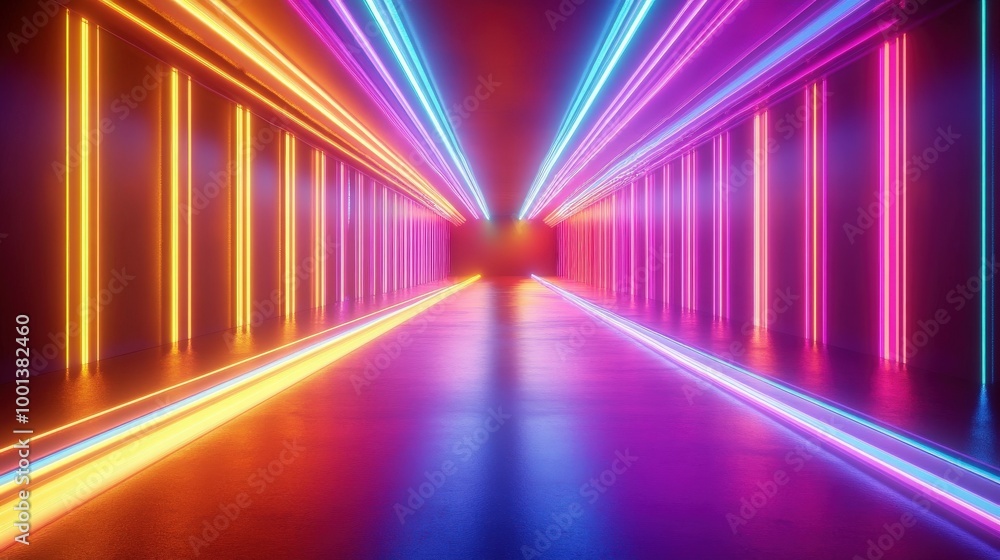 Poster bright and colorful 3d abstract background with a spectrum of neon rays and glowing lines, creating 