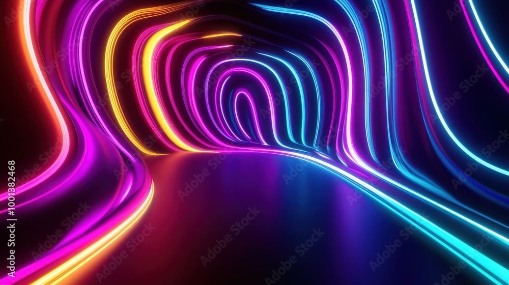 Poster bright and colorful 3d abstract background with a spectrum of neon rays and glowing lines, creating 