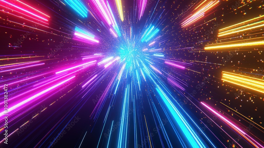 Poster bright and colorful 3d abstract background with a spectrum of neon rays and glowing lines, creating 