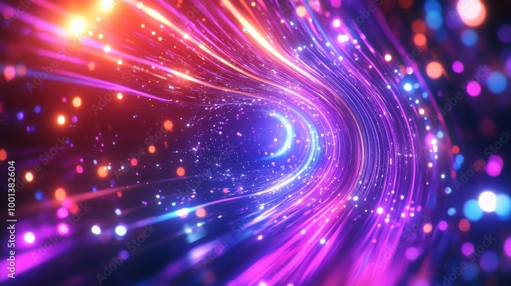 Poster bright and colorful 3d abstract background with neon rays and glowing lines, showcasing a dynamic sp