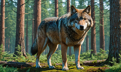 Obraz premium A wolf stands in a forest, its fur blending with the surrounding trees and greenery